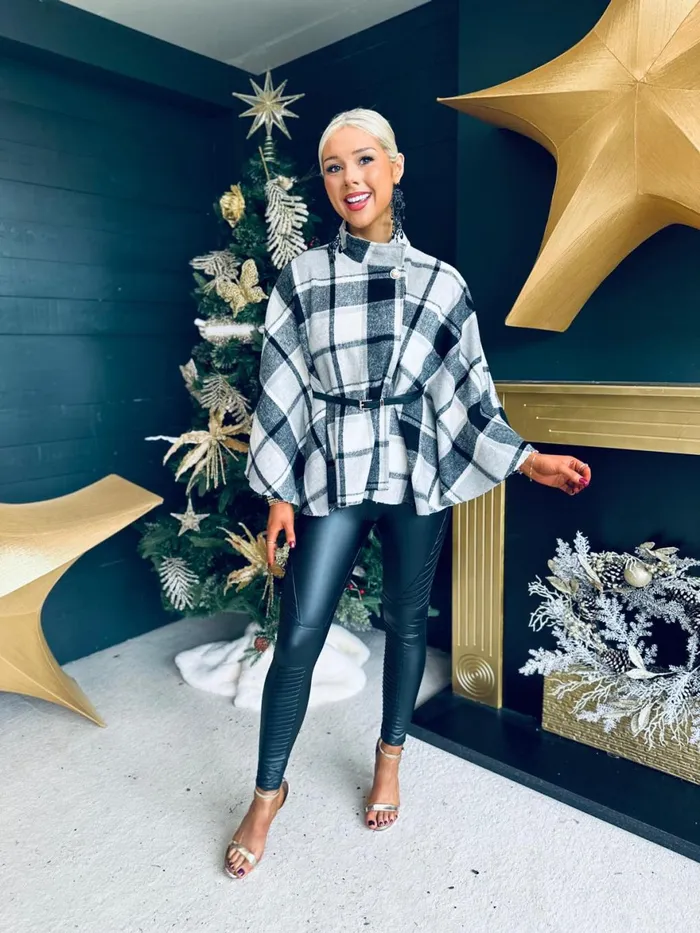 Women Coats and Jackets Canella Lane Enya Check Belted Cape Grey
