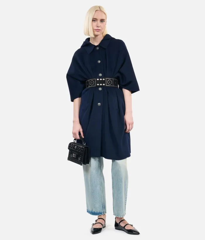 Women Coats and Jackets THE KOOPLES Navy Blue Long Hooded Woolblend Cape