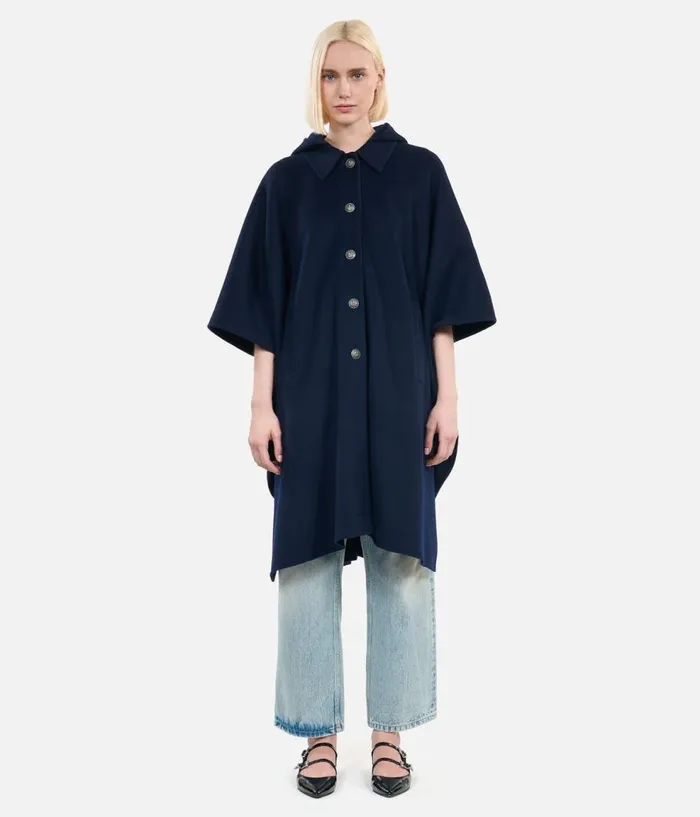 Women Coats and Jackets THE KOOPLES Navy Blue Long Hooded Woolblend Cape Women Coats and Jackets THE KOOPLES Navy Blue Long Hooded Woolblend Cape