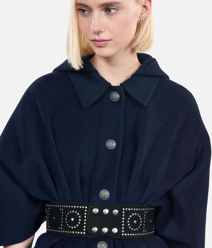 Women Coats and Jackets THE KOOPLES Navy Blue Long Hooded Woolblend Cape Women Coats and Jackets THE KOOPLES Navy Blue Long Hooded Woolblend Cape