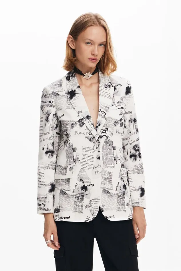Women Coats And Jackets Desigual Straight Blazer With Text And Flowers
