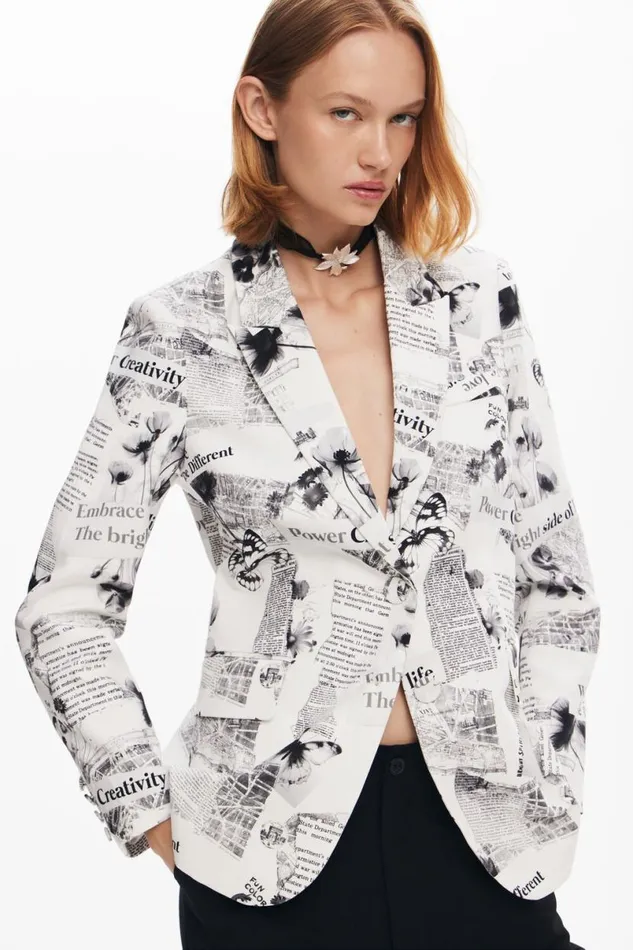 Women Coats And Jackets Desigual Straight Blazer With Text And Flowers