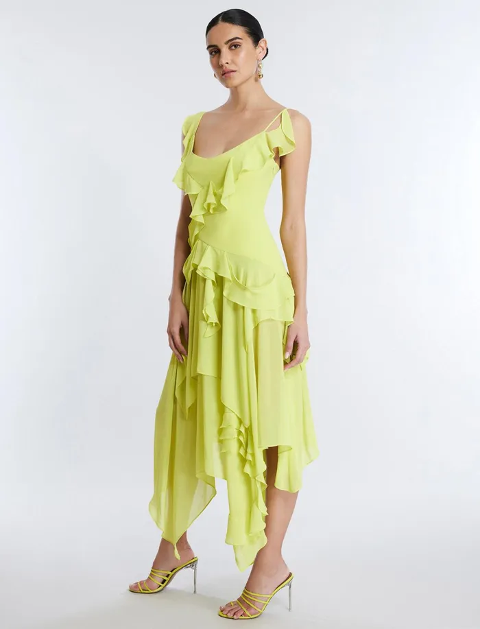 Women Cocktail and Party Dresses BCBG Annabel Ruffle Dress Yellow Plum