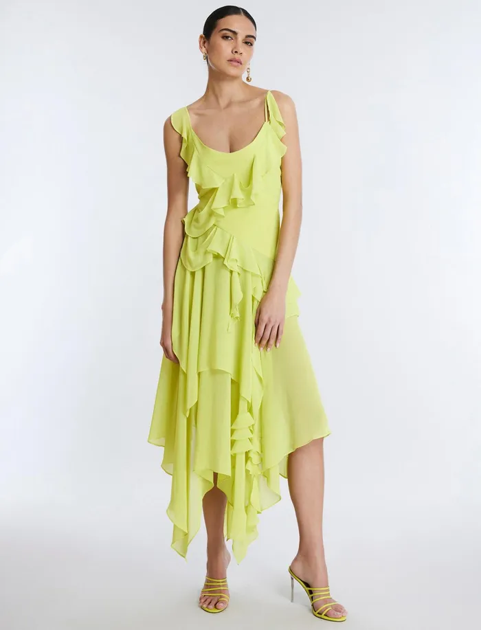 Women Cocktail and Party Dresses BCBG Annabel Ruffle Dress Yellow Plum