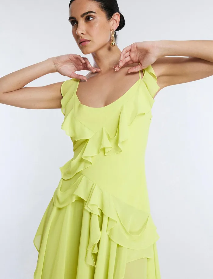 Women Cocktail and Party Dresses BCBG Annabel Ruffle Dress Yellow Plum