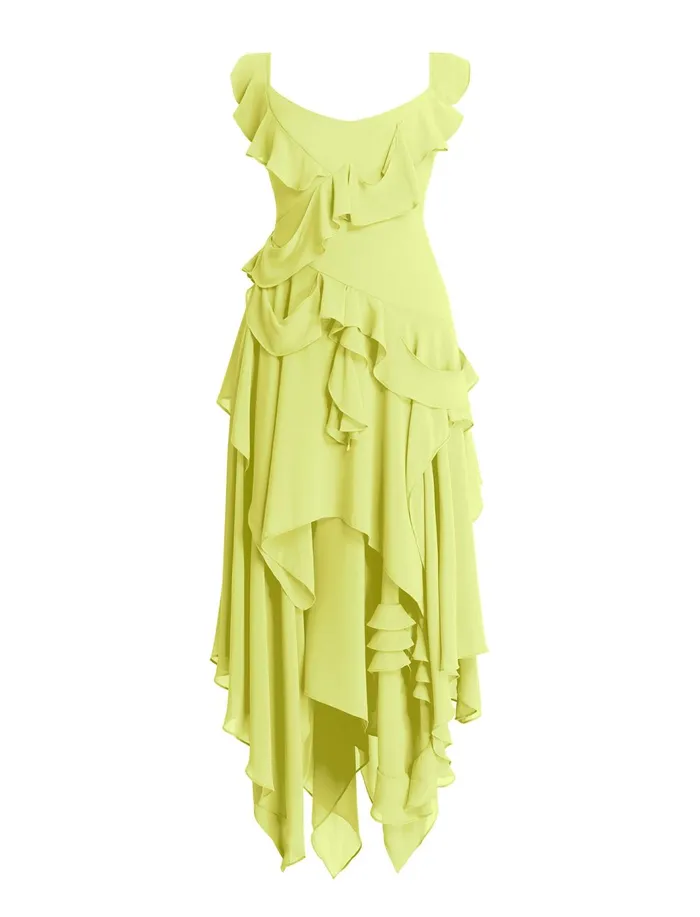 Women Cocktail and Party Dresses BCBG Annabel Ruffle Dress Yellow Plum