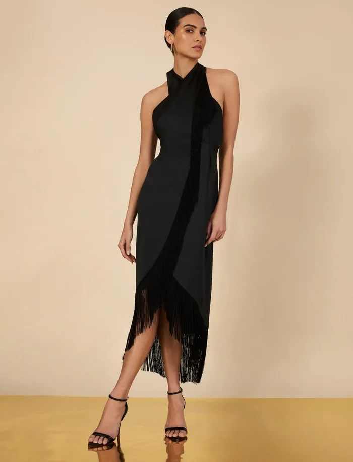 Women Cocktail and Party Dresses BCBG Arla Halter Fringe Dress Black