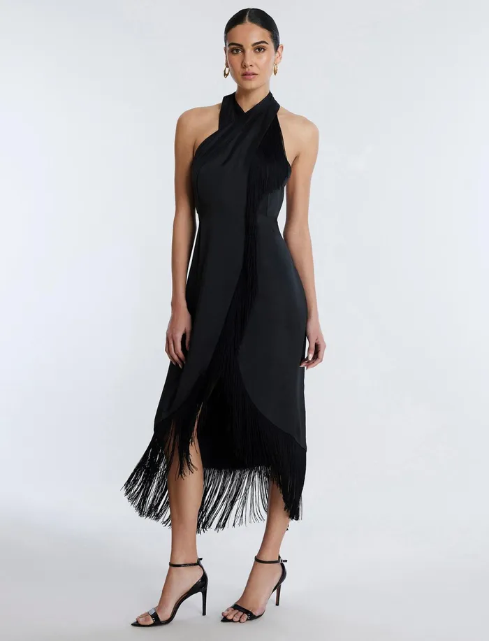 Women Cocktail and Party Dresses BCBG Arla Halter Fringe Dress Black