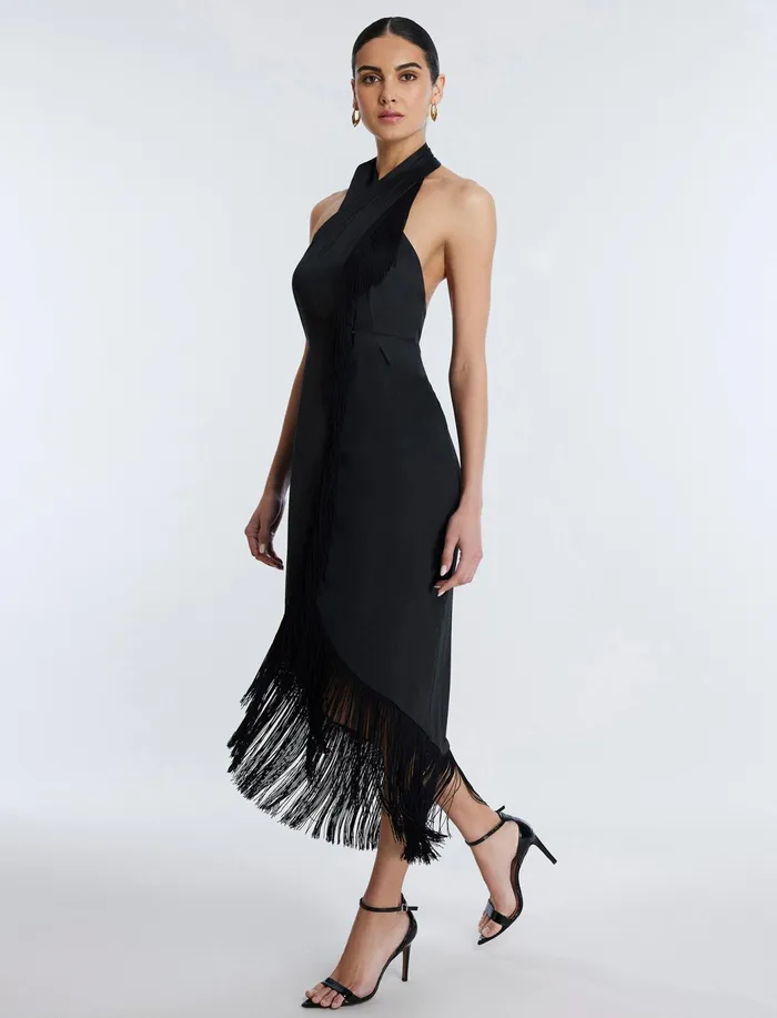 Women Cocktail and Party Dresses BCBG Arla Halter Fringe Dress Black