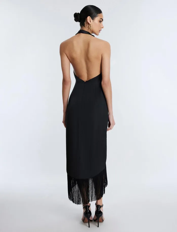 Women Cocktail and Party Dresses BCBG Arla Halter Fringe Dress Black