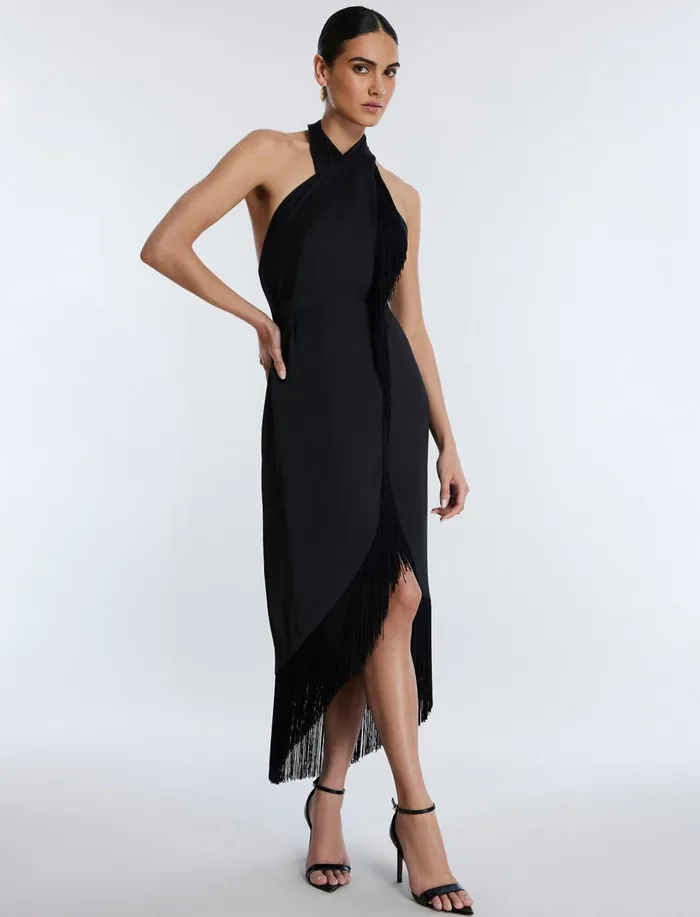Women Cocktail and Party Dresses BCBG Arla Halter Fringe Dress Black