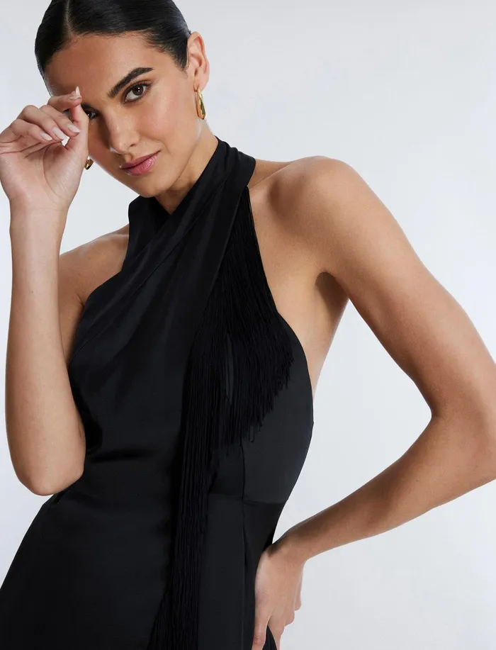 Women Cocktail and Party Dresses BCBG Arla Halter Fringe Dress Black