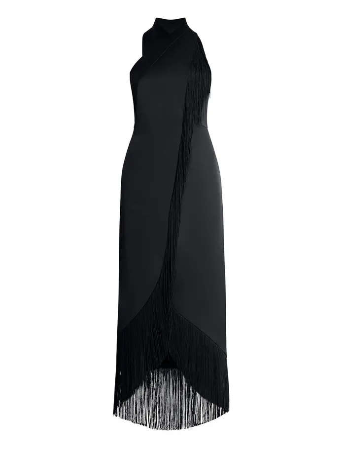 Women Cocktail and Party Dresses BCBG Arla Halter Fringe Dress Black
