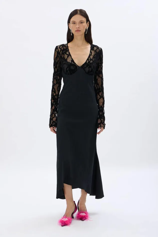 Women Crepe And Velvet Lace Dress Black Black Sonia Rykiel Long Dresses