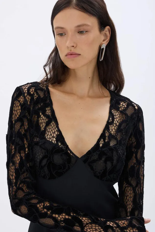 Women Crepe And Velvet Lace Dress Black Black Sonia Rykiel Long Dresses