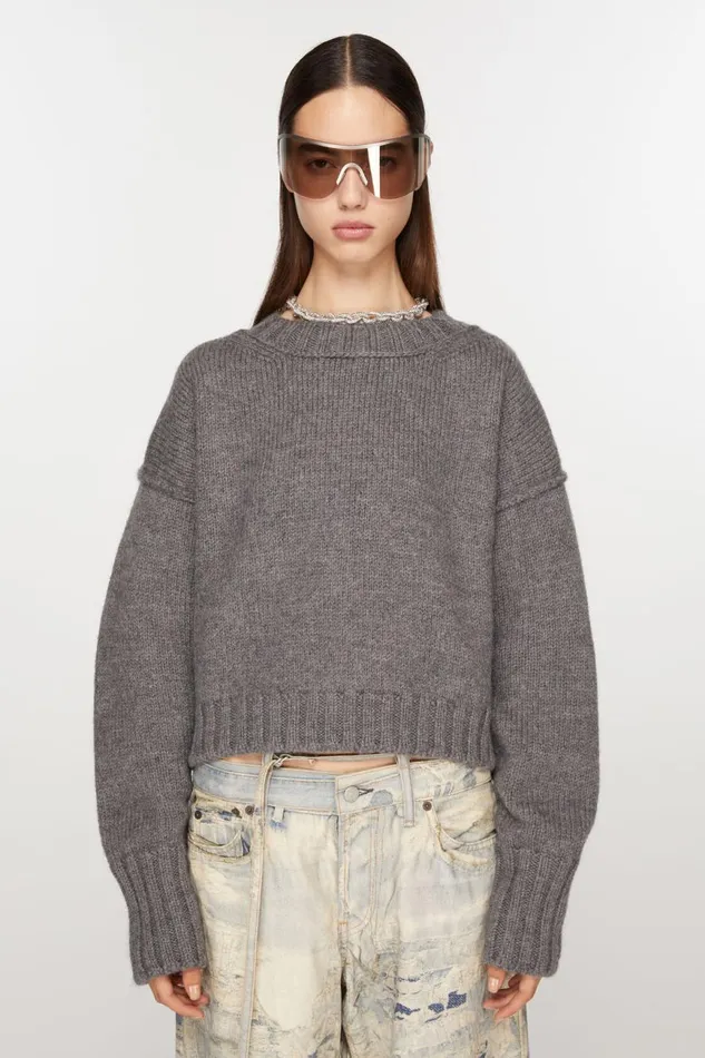 Women Crew Neck Wool Jumper Dark Grey Acne Studios Knitwear