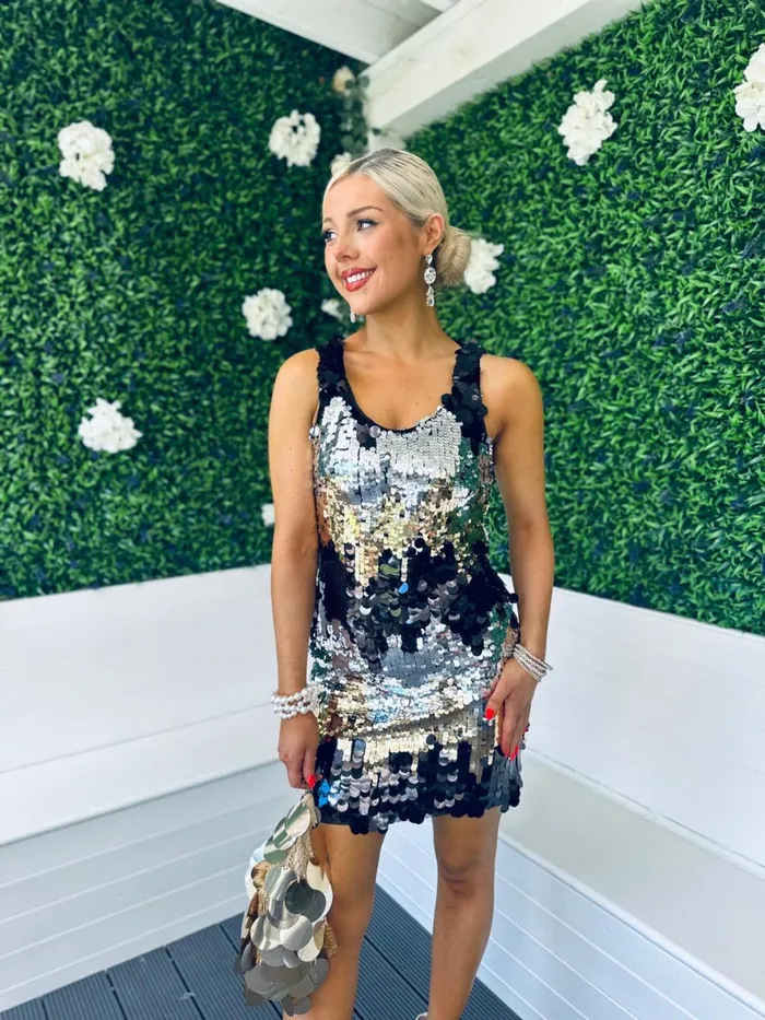 Women Day Dress Canella Lane Abbi Large Sequin Detail Mini Dress Black Gold