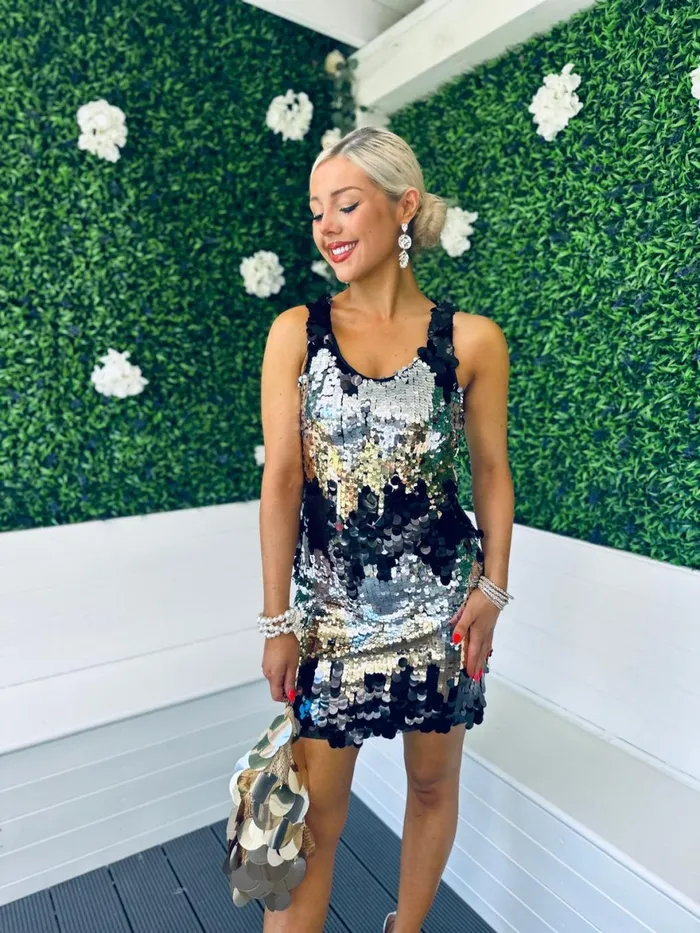 Women Day Dress Canella Lane Abbi Large Sequin Detail Mini Dress Black Gold