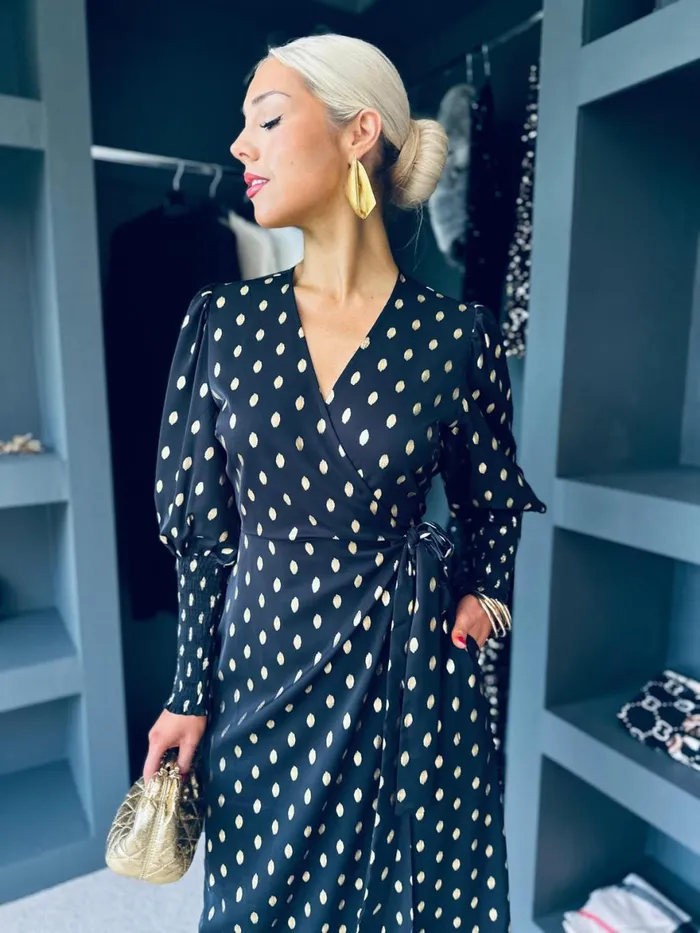 Women Day Dress Canella Lane Devina Shirred Cuff Wrap Dress Gold Foil and Black
