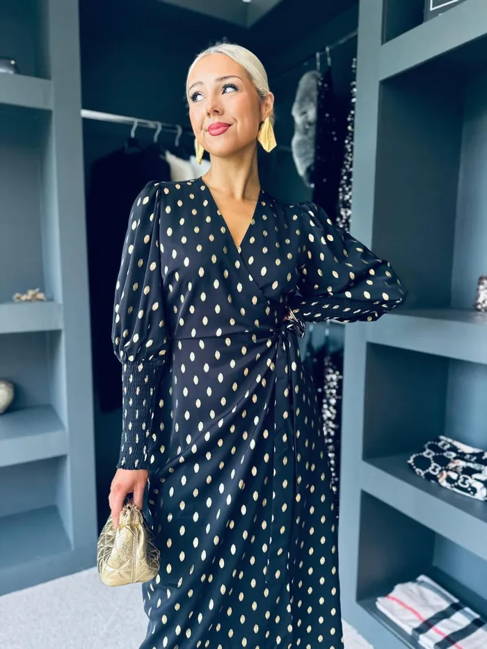 Women Day Dress Canella Lane Devina Shirred Cuff Wrap Dress Gold Foil and Black