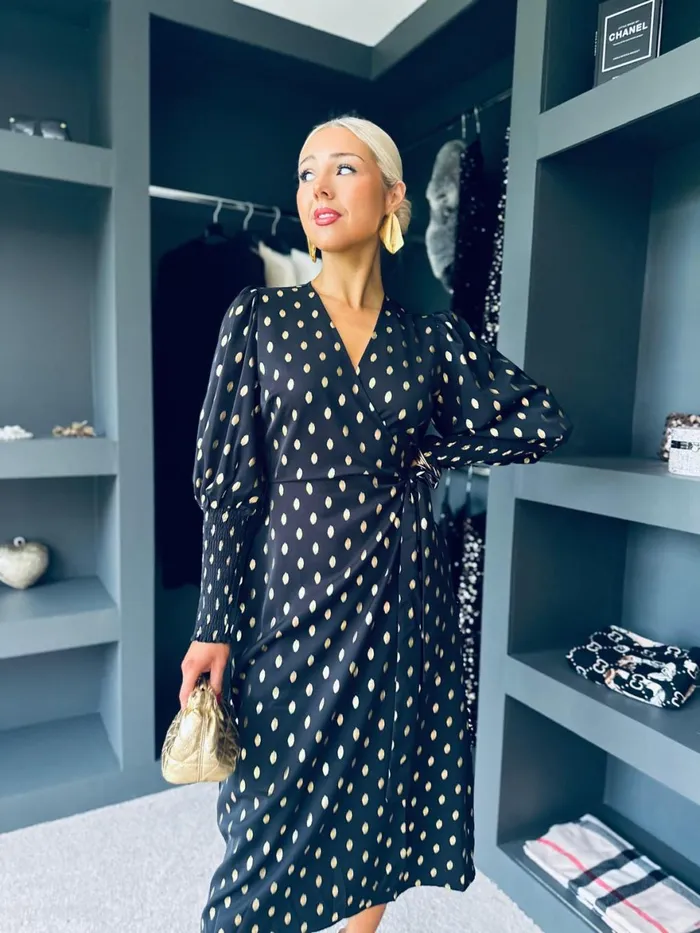 Women Day Dress Canella Lane Devina Shirred Cuff Wrap Dress Gold Foil and Black
