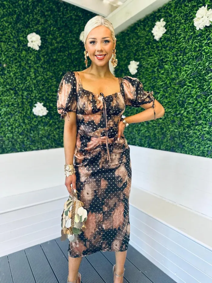 Women Day Dress Canella Lane Dove Ruched Detail Midi Dress In Gold Spot Print