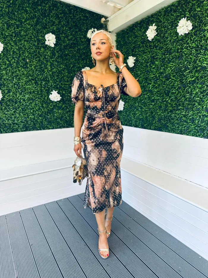 Women Day Dress Canella Lane Dove Ruched Detail Midi Dress In Gold Spot Print