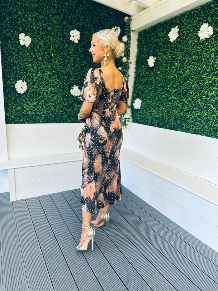 Women Day Dress Canella Lane Dove Ruched Detail Midi Dress In Gold Spot Print