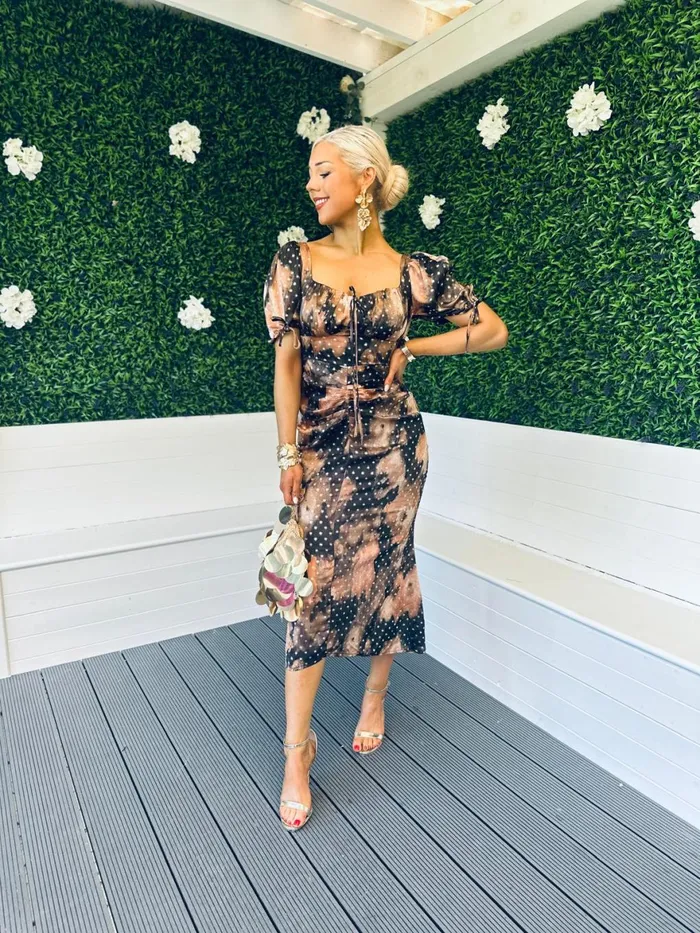 Women Day Dress Canella Lane Dove Ruched Detail Midi Dress In Gold Spot Print
