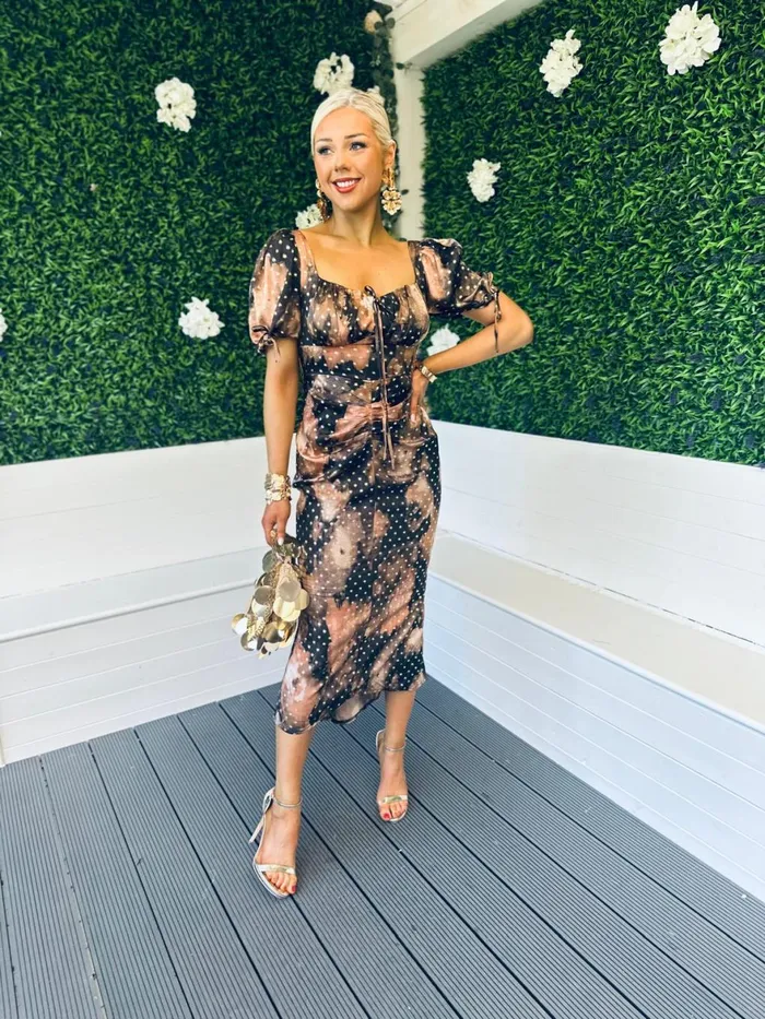 Women Day Dress Canella Lane Dove Ruched Detail Midi Dress In Gold Spot Print