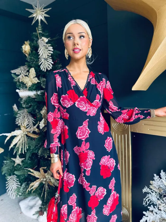 Women Day Dress Canella Lane Eris Detailed Midi Dress Navy Rose