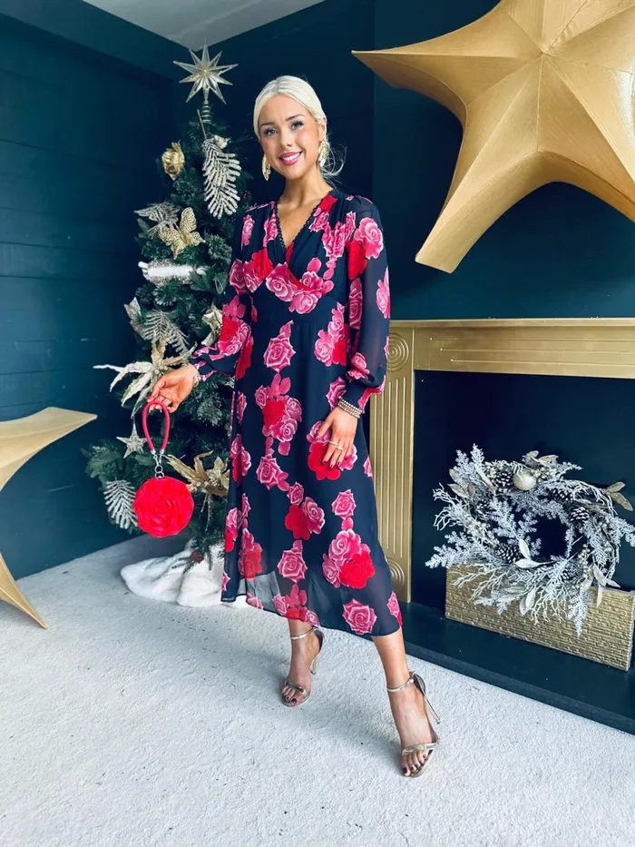 Women Day Dress Canella Lane Eris Detailed Midi Dress Navy Rose