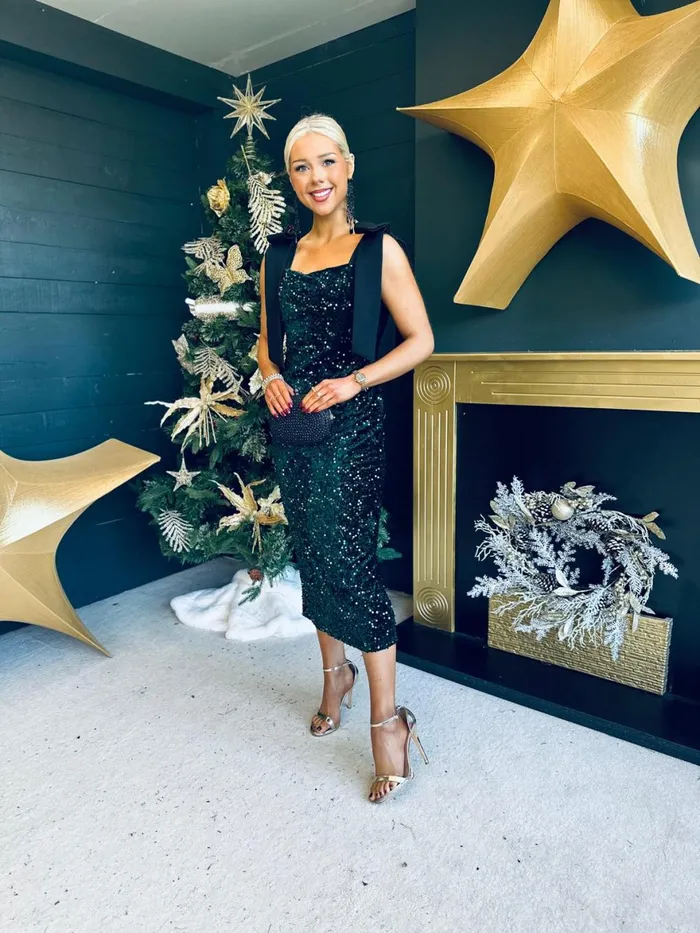 Women Day Dress Canella Lane Grace Bow Detail Sequin Midi Dress Forest