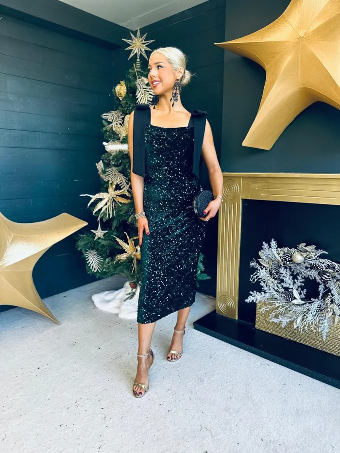 Women Day Dress Canella Lane Grace Bow Detail Sequin Midi Dress Forest