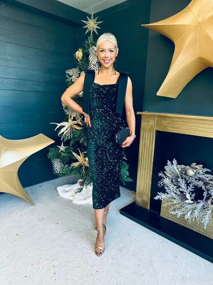Women Day Dress Canella Lane Grace Bow Detail Sequin Midi Dress Forest