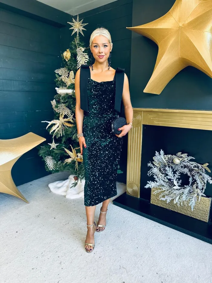 Women Day Dress Canella Lane Grace Bow Detail Sequin Midi Dress Forest
