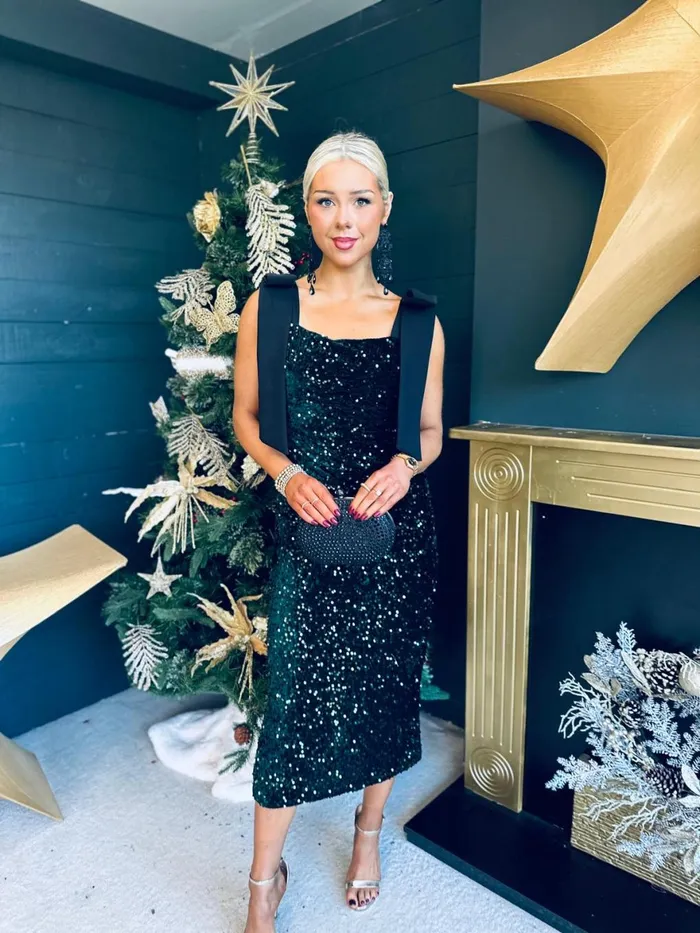 Women Day Dress Canella Lane Grace Bow Detail Sequin Midi Dress Forest