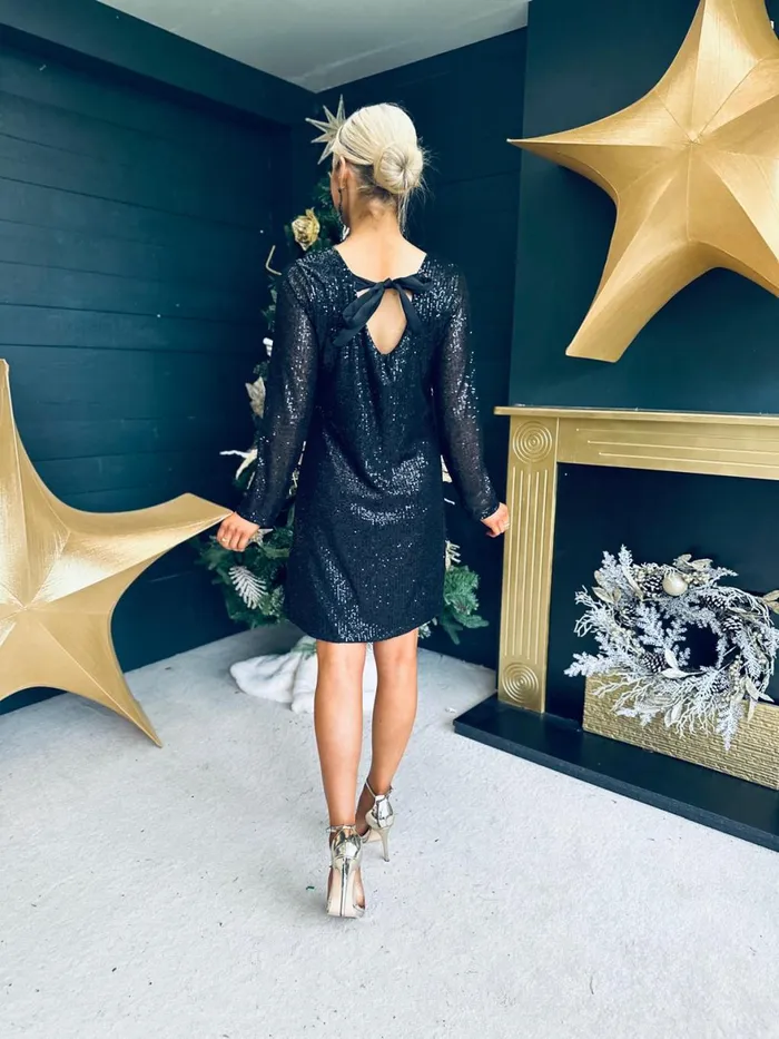 Women Day Dress Canella Lane Joyce Bow Detail Sequin Mini Dress Black