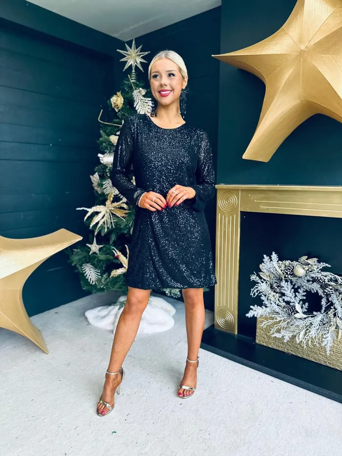 Women Day Dress Canella Lane Joyce Bow Detail Sequin Mini Dress Black