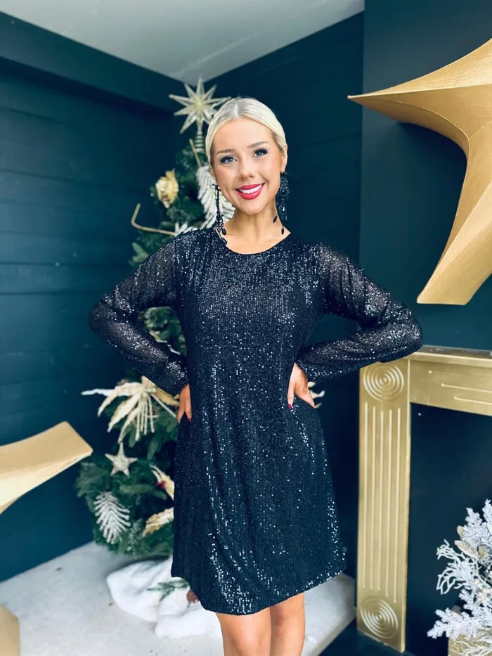 Women Day Dress Canella Lane Joyce Bow Detail Sequin Mini Dress Black