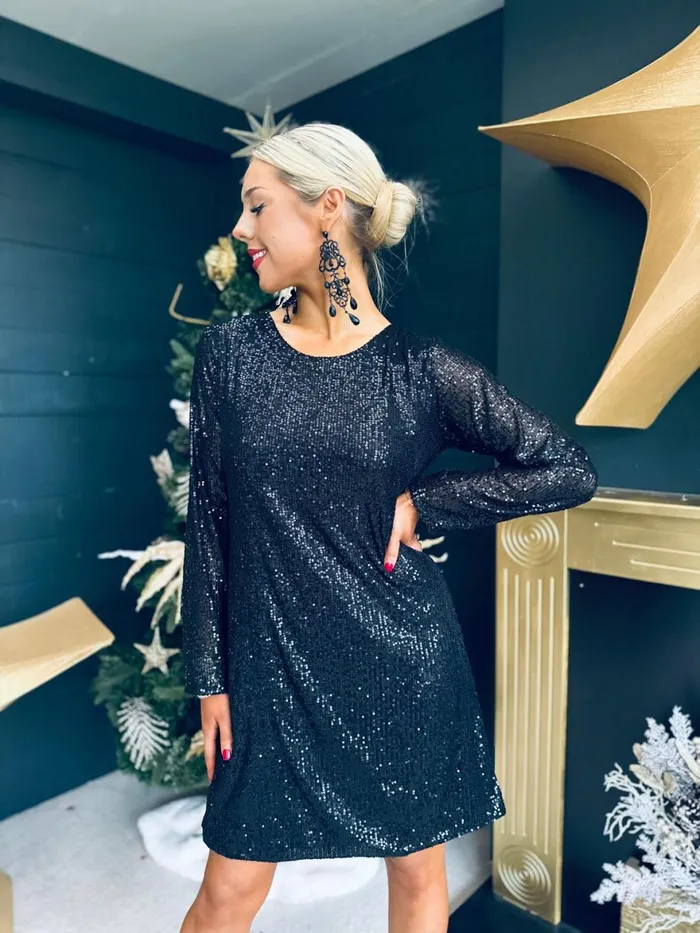 Women Day Dress Canella Lane Joyce Bow Detail Sequin Mini Dress Black