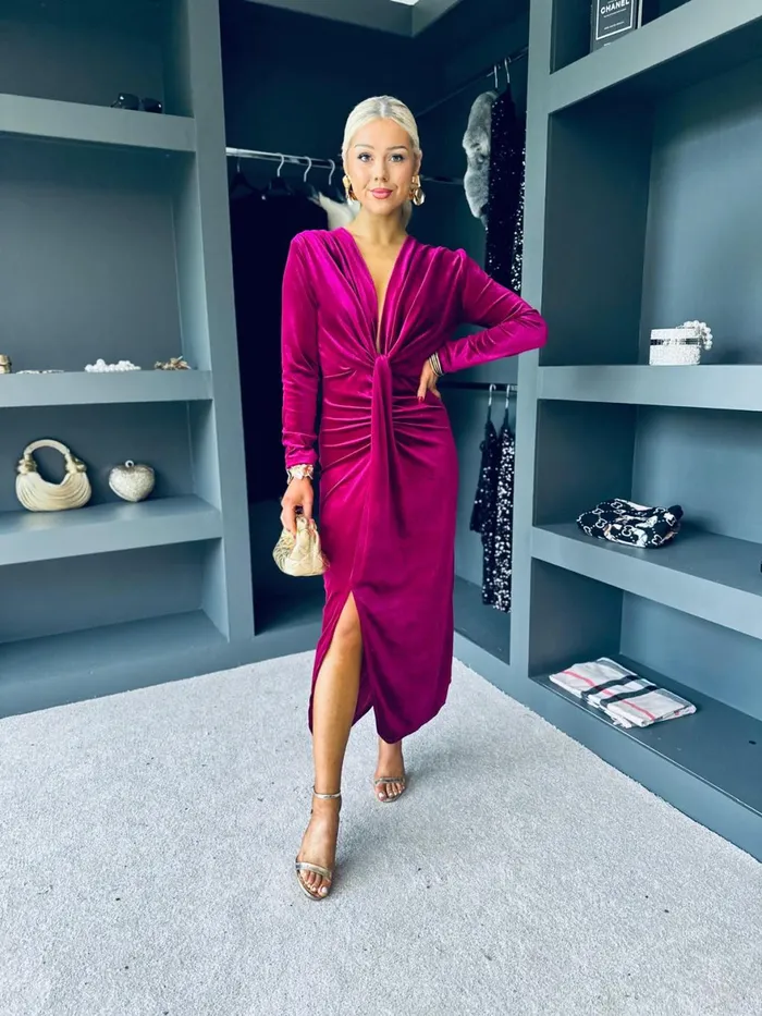 Women Day Dress Canella Lane Kelly Velvet Drape Detail Dress Magenta