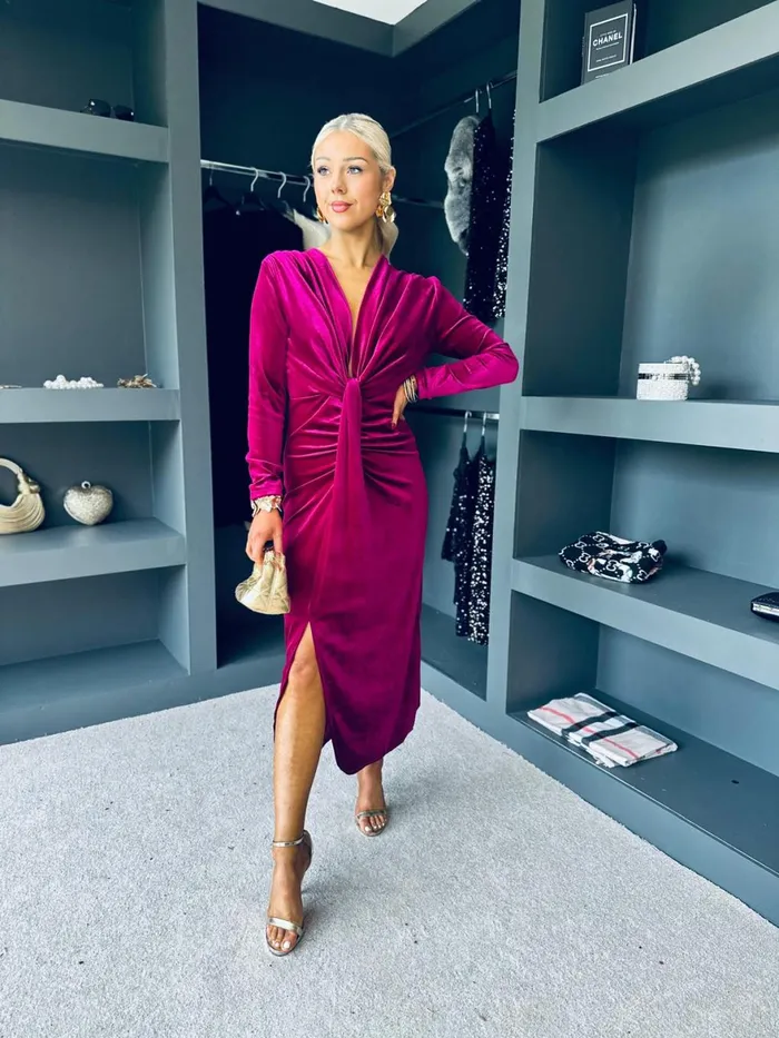 Women Day Dress Canella Lane Kelly Velvet Drape Detail Dress Magenta