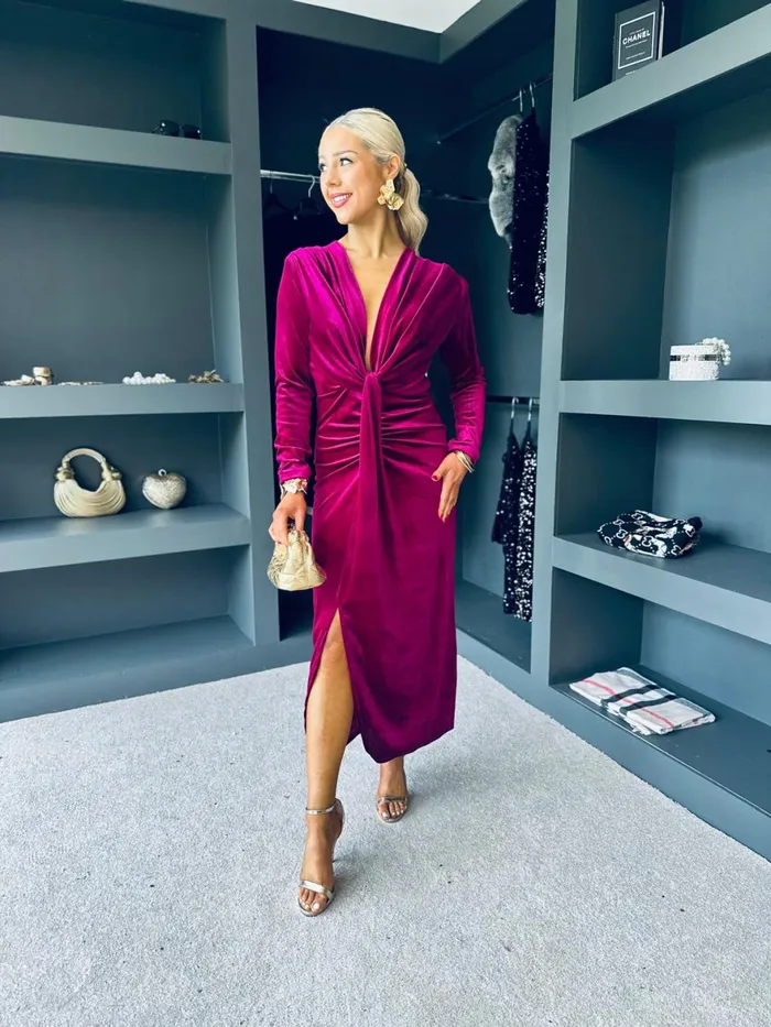 Women Day Dress Canella Lane Kelly Velvet Drape Detail Dress Magenta