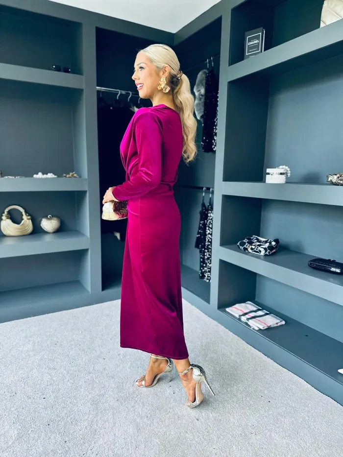 Women Day Dress Canella Lane Kelly Velvet Drape Detail Dress Magenta