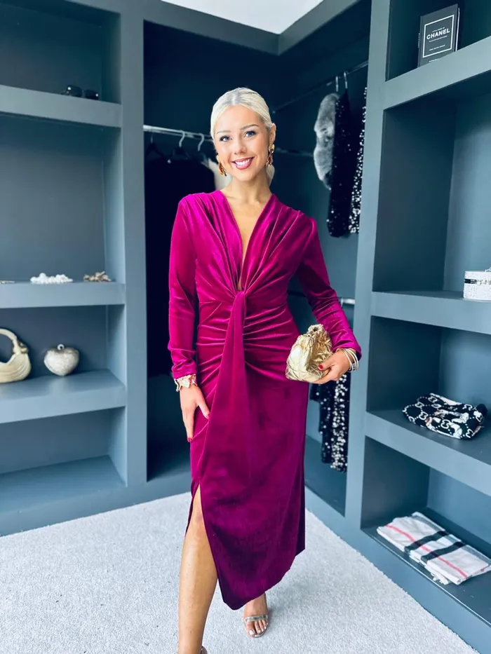 Women Day Dress Canella Lane Kelly Velvet Drape Detail Dress Magenta