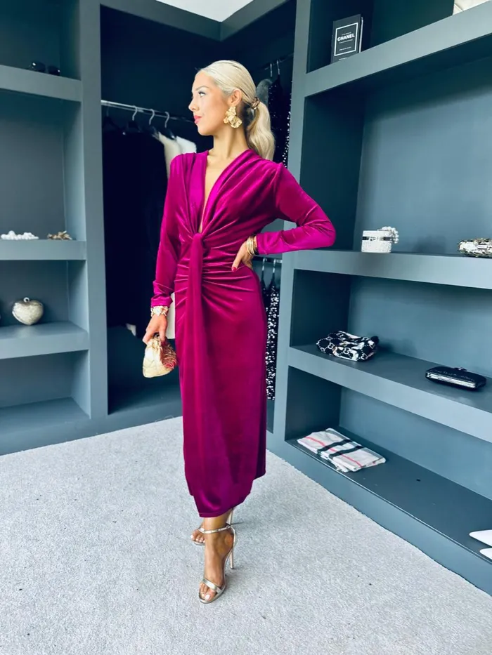 Women Day Dress Canella Lane Kelly Velvet Drape Detail Dress Magenta