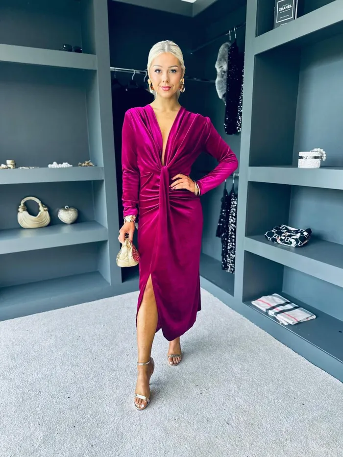 Women Day Dress Canella Lane Kelly Velvet Drape Detail Dress Magenta