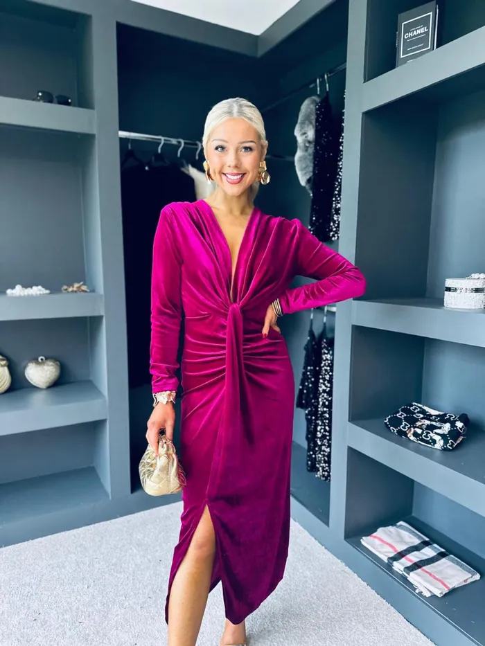 Women Day Dress Canella Lane Kelly Velvet Drape Detail Dress Magenta