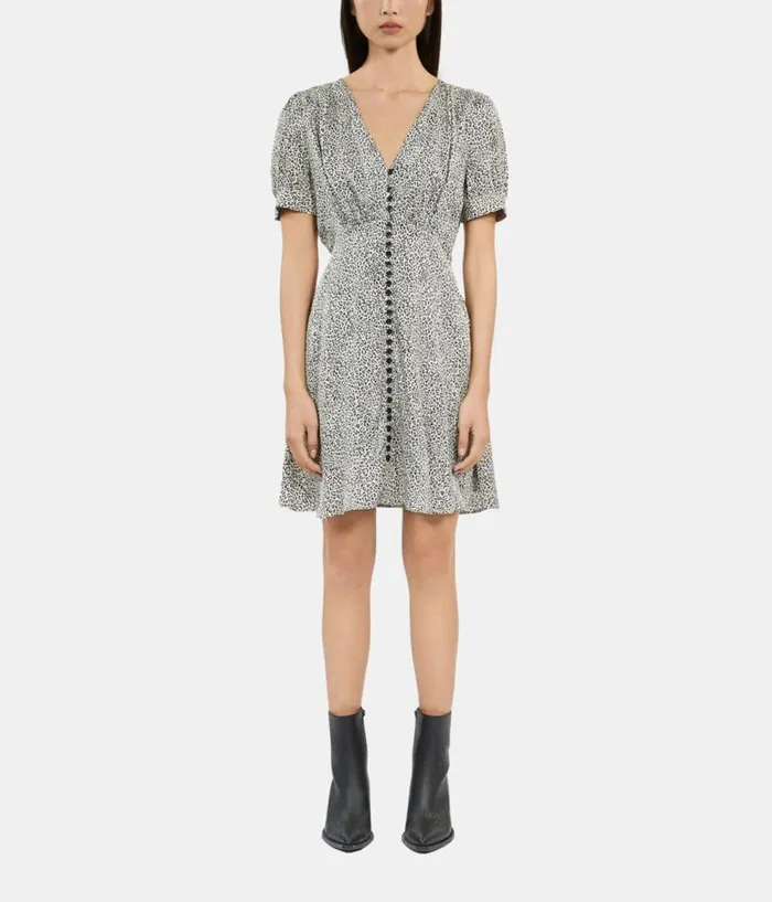 Women Dresses and Jumpsuits THE KOOPLES Ivory And Black Leopard Print Short Dress With Buttons Women Dresses and Jumpsuits THE KOOPLES Ivory And Black Leopard Print Short Dress With Buttons